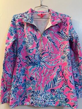 Lilly Pulitzer Pink Blue Floral Quarter-Zip Pullover Hoodie